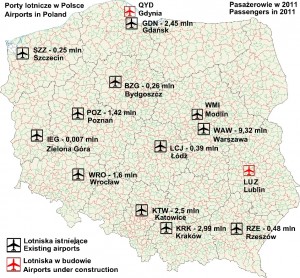 Map of Poland with airport locations and 2011 passenger traffic data